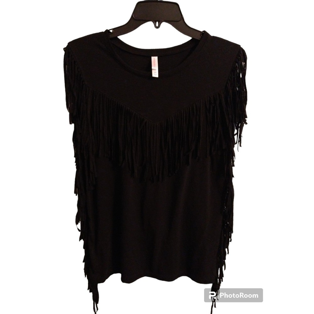Exhilaration small Fringed black sleeveless top